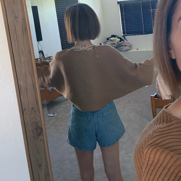 Like New! Altar’d State Ribbed Cropped Sweater with Balloon Sleeves Camel Brown - Picture 2 of 7